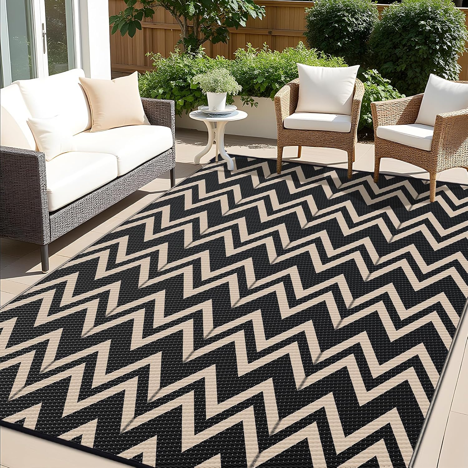 OLANLY Waterproof Outdoor Rug 8x10 ft Clearance, Reversible Outdoor Plastic Straw Rug, RV Mat, Indoor Outdoor Carpet for Patio, Camping, Balcony, Deck, Backyard, Black & Beige Black & Beige Chevron 8' x 10' (Rectangular)