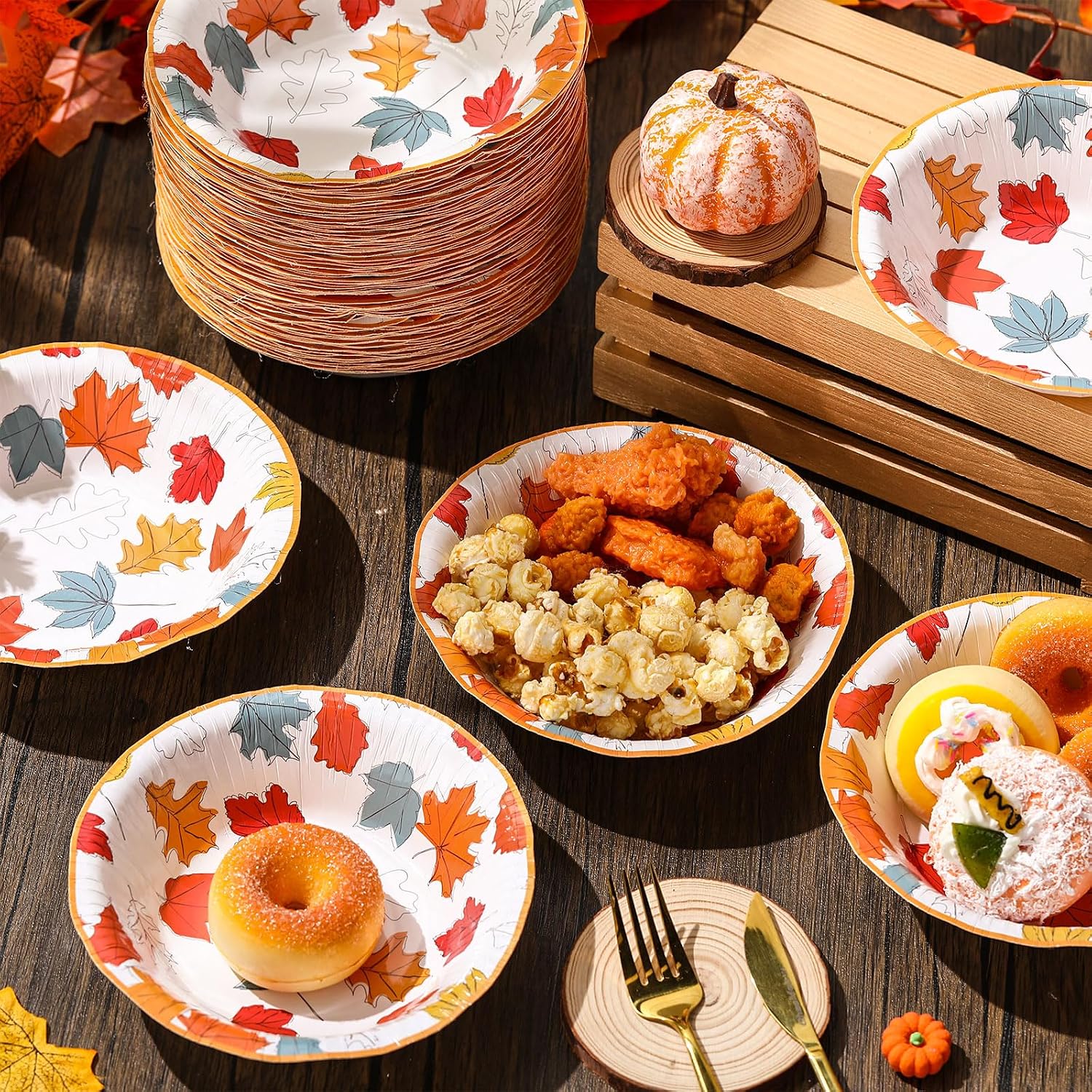 Sliner 100 Pcs 16 oz Thanksgiving Fall Disposable Paper Bowls Bulk Autumn Maple Leaves Compostable Soup Bowl for Holiday Thanksgiving Party Picnic Hot Soup Snack Salad Serving Catering Event Supplies image 2