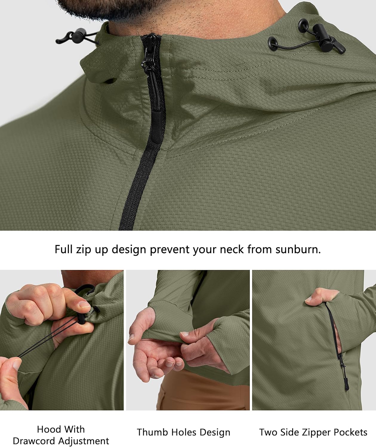 Men's UPF 50+ Light Jacket Full Zip Sun Protection Hoodie Long Sleeve Sun Shirts for Men Hiking Fishing Zip Pockets - Image 6