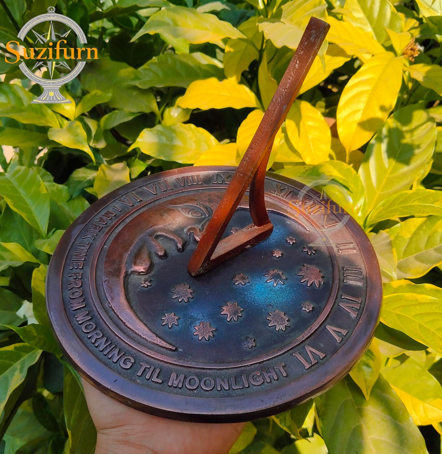 Moon and Star Garden Sundial, Cast Iron with Verdigris Finish