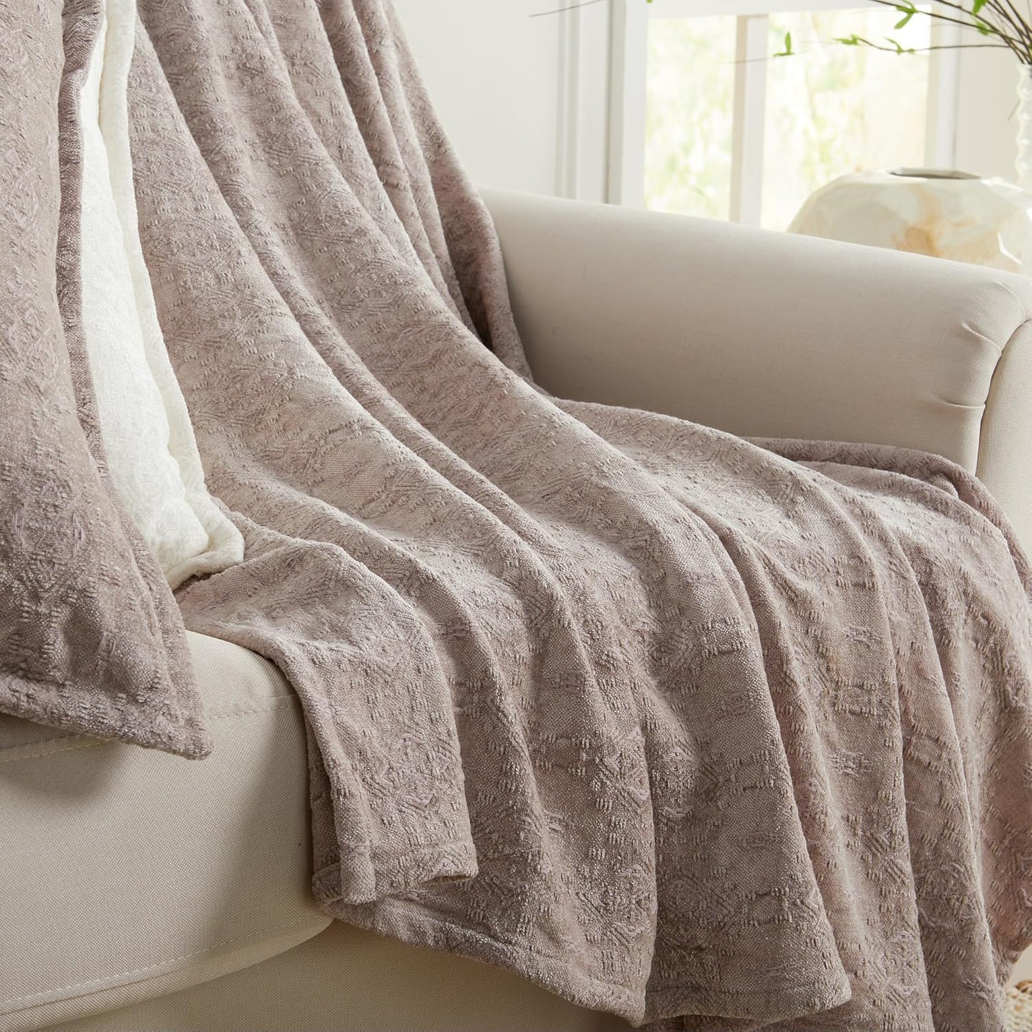 Chenille Jacquard Throw Blanket | Textured Boho Throw for Sofa, Couch, Bed | Soft Decorative Throw for All Seasons | Charlotte Collection (50" x 60", Grey)