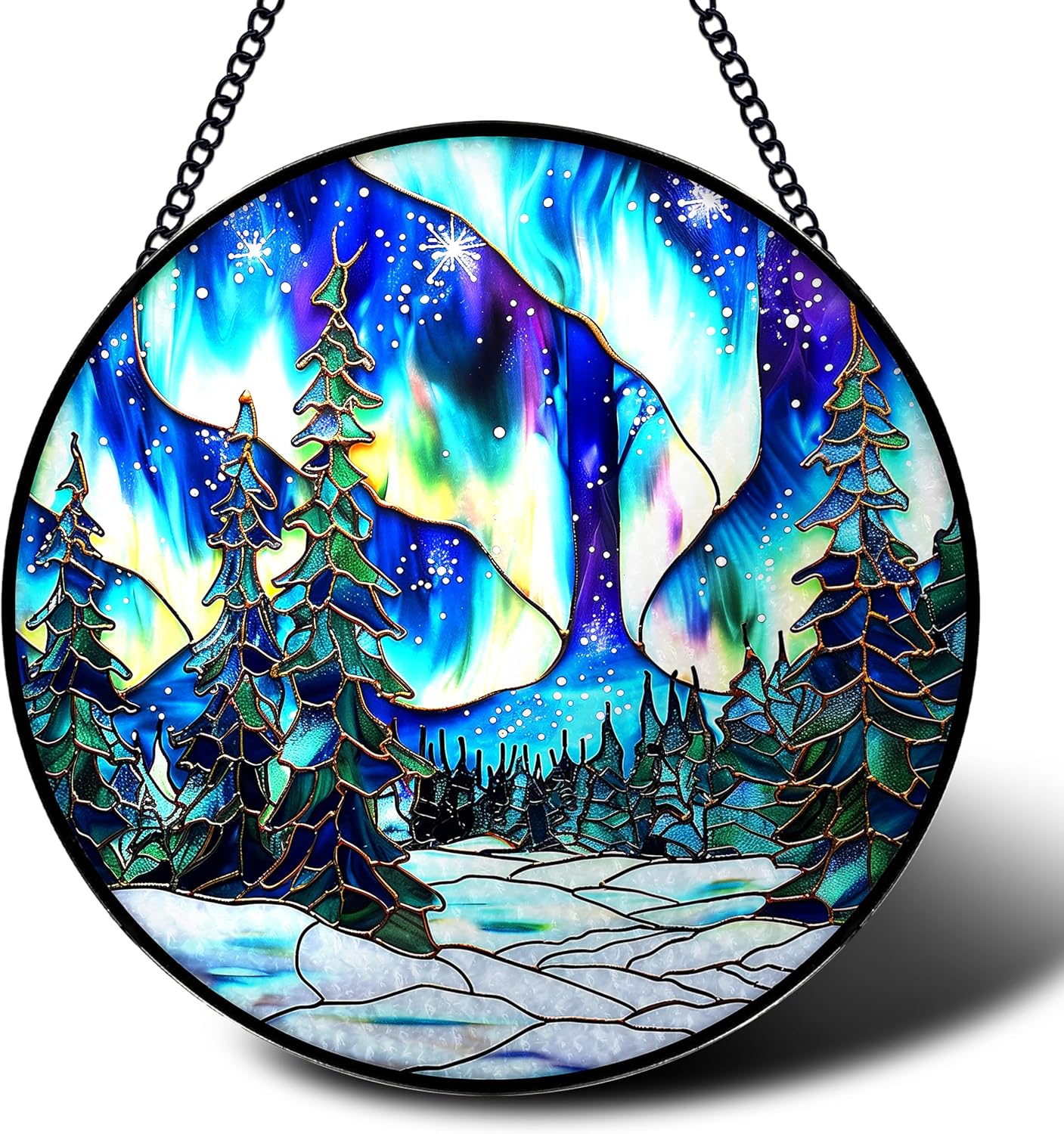 Stained Glass Window Hanging, Northern Lights Winter Forest Round Sun Catchers Glass Panel Suncatcher Decor for Home, 7.8Inch. (008)