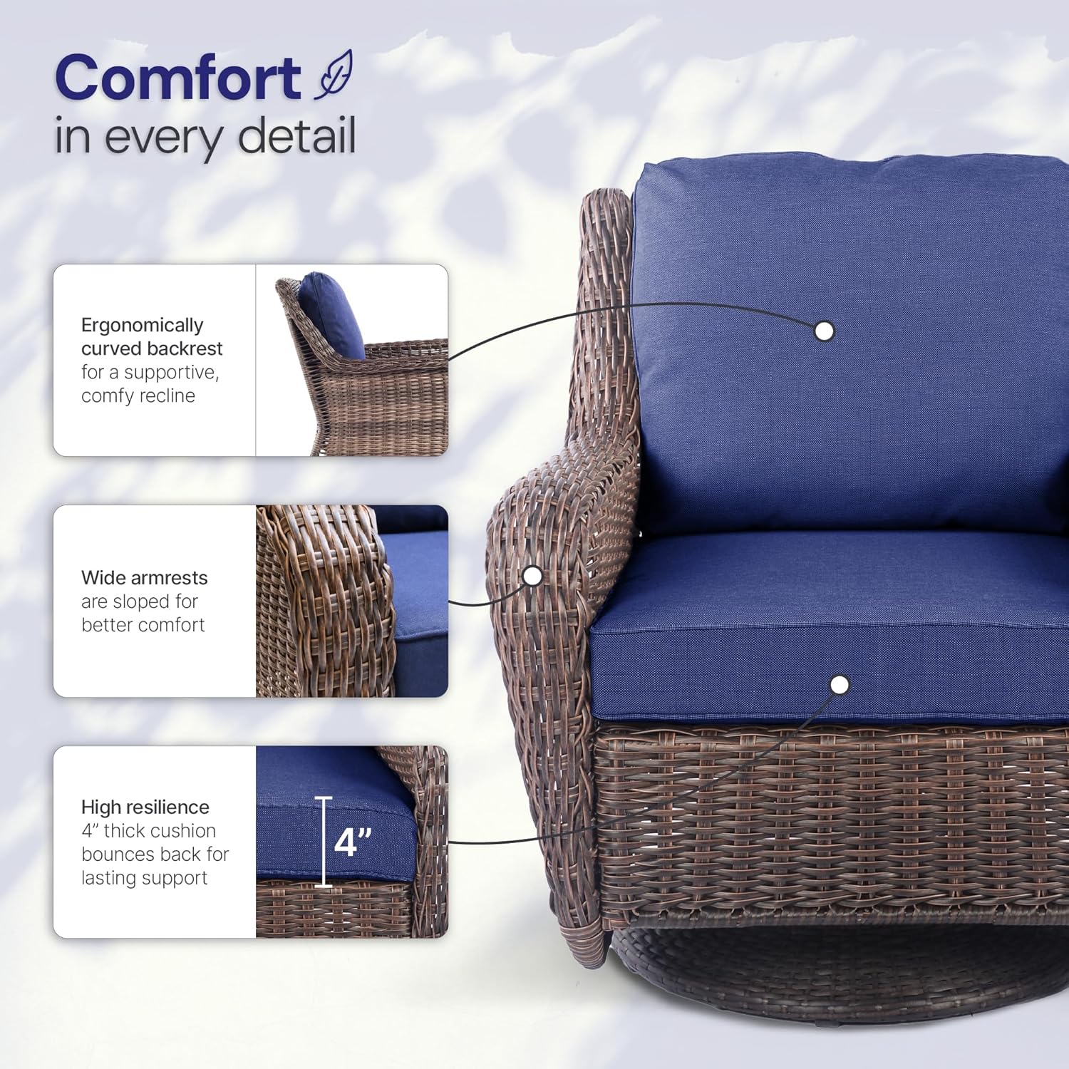 Cambridge 3-Piece Outdoor Wicker Patio Bistro Set 360° Swivel Rocker Chairs and Side Table All-Weather HDPE Rattan Conversation Set with Cushions for Garden Porch Backyard (Midnight Navy Blue)