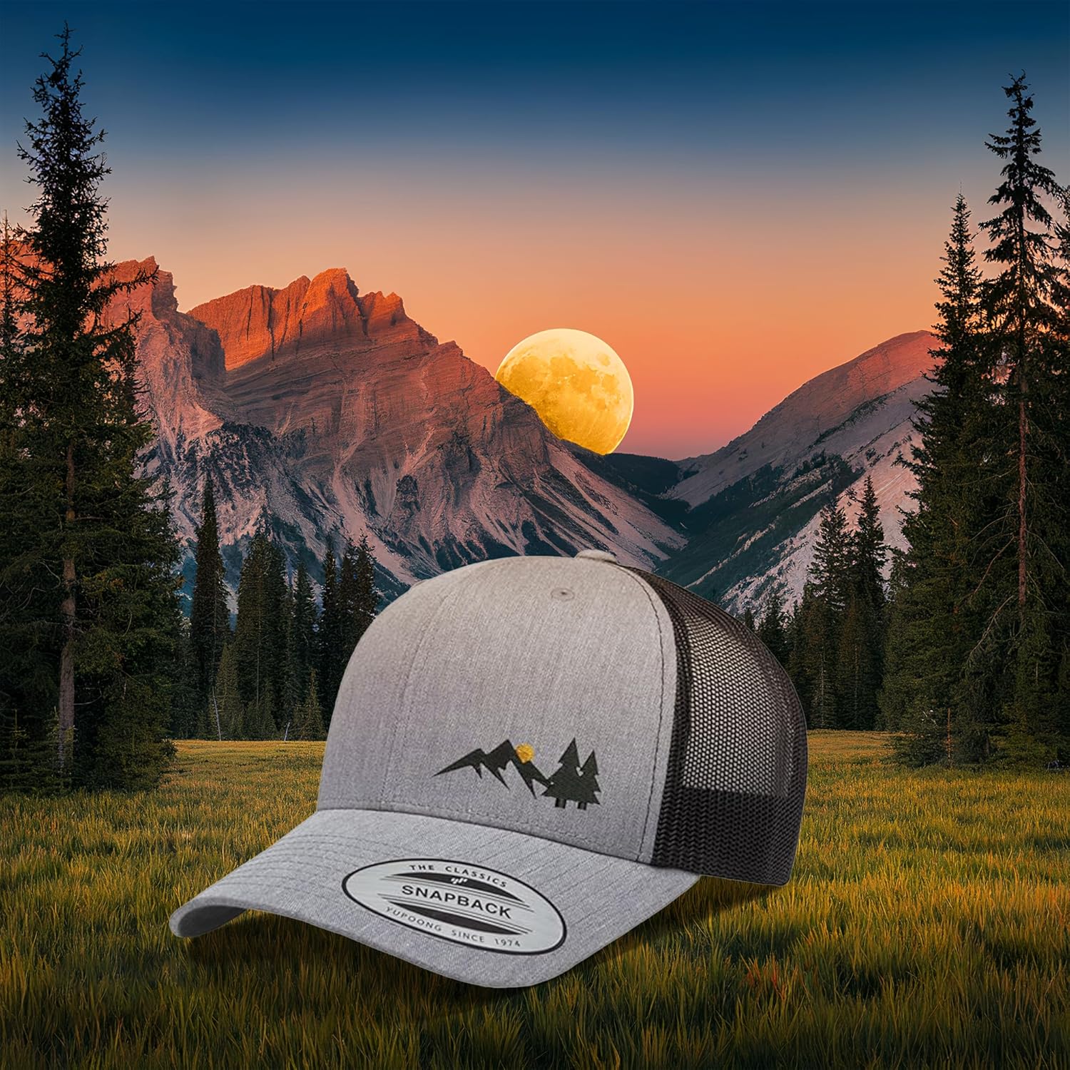 Embroidered Mountain Moon Trucker Hat – Mesh Back Snapback Cap for Men & Women, Outdoor Nature Baseball Hat