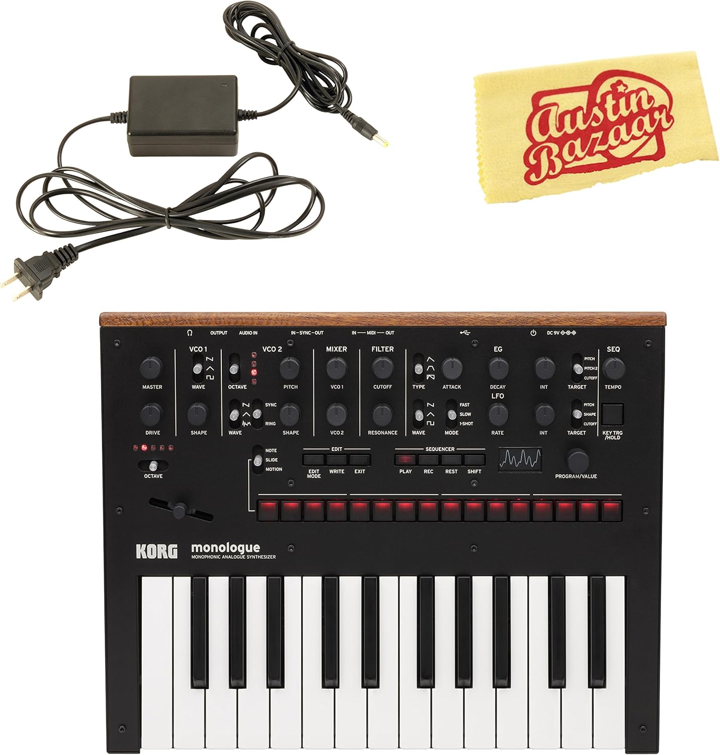 Korg Monologue Monophonic Analog Synthesizer - Silver Bundle with Power Supply and Austin Bazaar Polishing Cloth