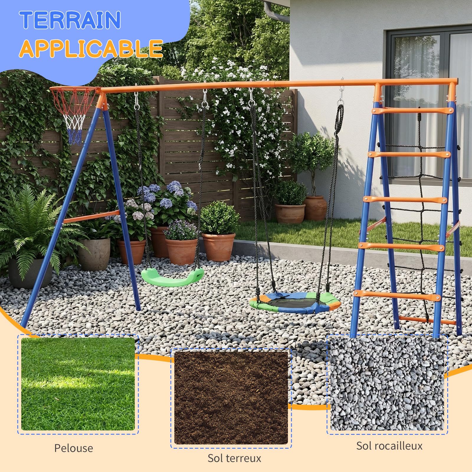 LEADZM Balancoire Exterieur avec Structure d'escalade, Panier de Basket