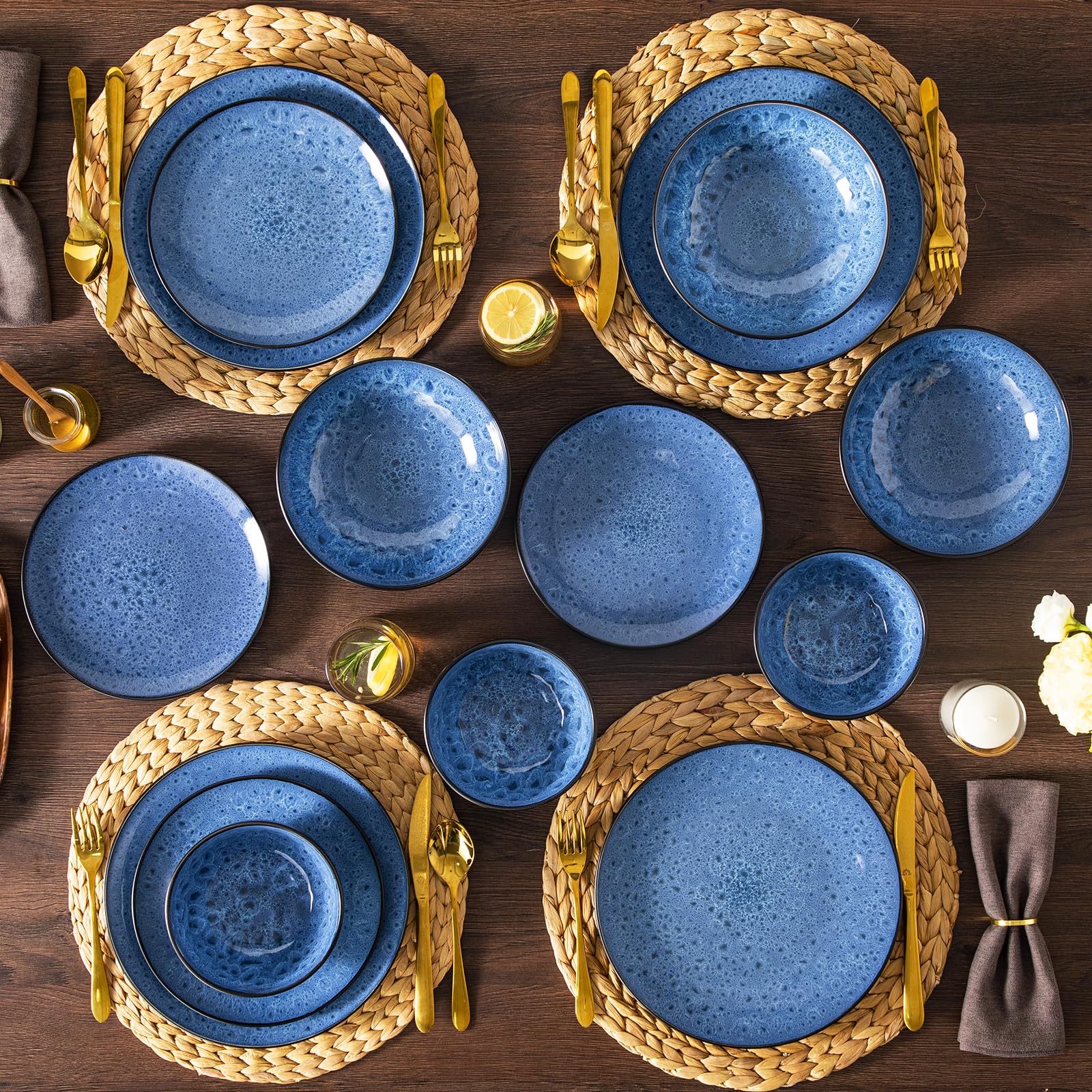 vancasso Service de Table pour 6 Personnes, Service Vaisselle 24 Pièces en Grès - 6 Assiettes Plates, 6 Assiettes à Dessert, 6 Assiettes Creuses et 6 Bols - Glaçure Bleu, Compatible Micro-Ondes