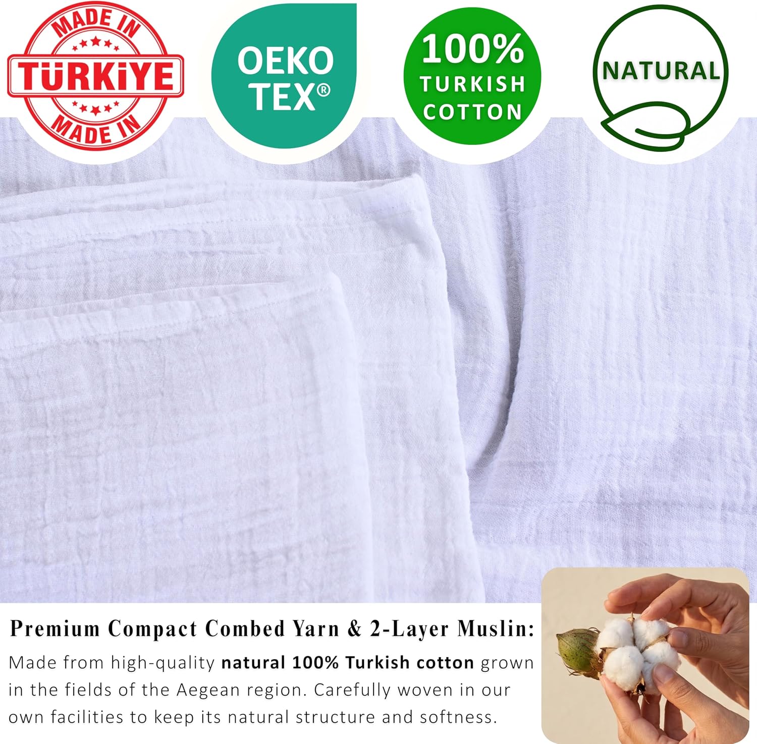 PÜSKÜL 100% Turkish Cotton Muslin Pillowcase Set of 2 (20 x 27 in) | Moisture-Managing, Airy, Soft, 2-Layer Gauze Pillow Covers - Cotton Pillow Cases: (White, Pack of 2-20x27 inch Standart Size)
