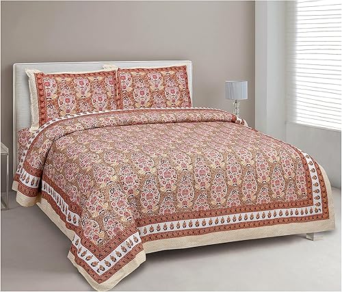 Neha Textile - Sábana de cama doble de algodón indio con 2 almohadas, juego de ropa de cama de algodón hecho a mano, tamaño King, estampado de