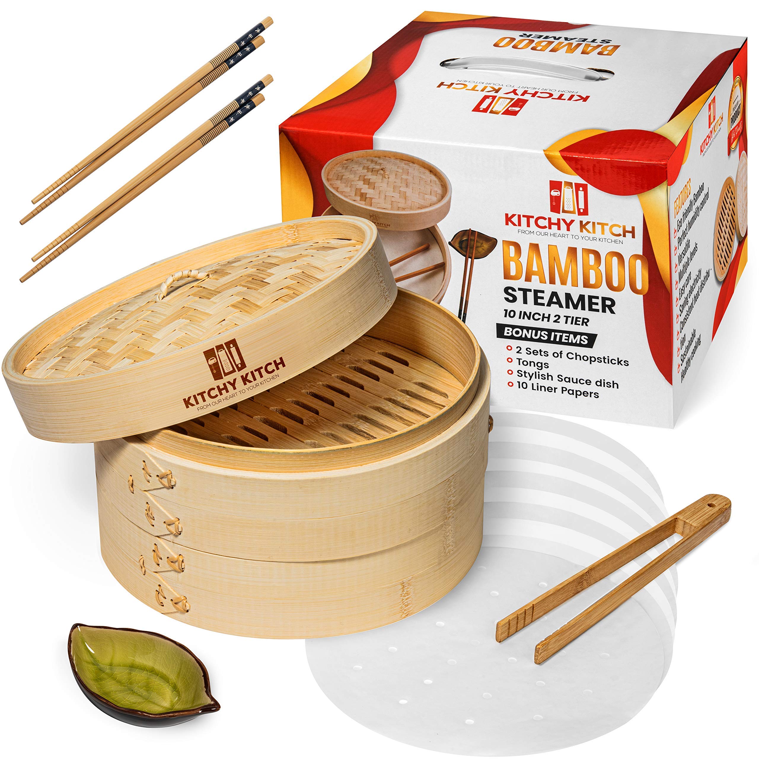 Buy Bamboo Steamer 10 Inch 2 tier, for cooking, Chopstick Set x 2