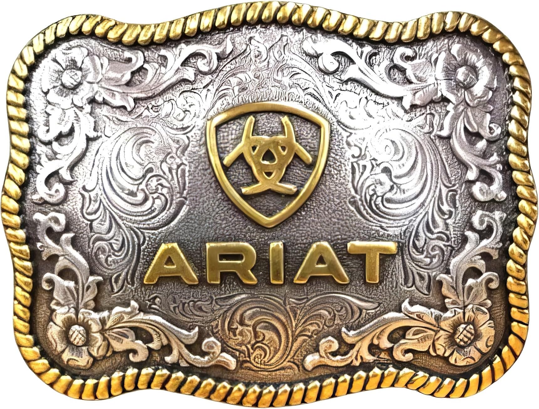Large Scalloped Shape Buckle with Logo, Floral and Scroll Detail, Twisted Rope Trim, 3.75"x 2.75"