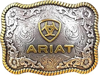 ARIAT Large Scalloped Shape Buckle with Logo, Floral and Scroll Detail, Twisted Rope Trim, 3.75"x 2.75"
