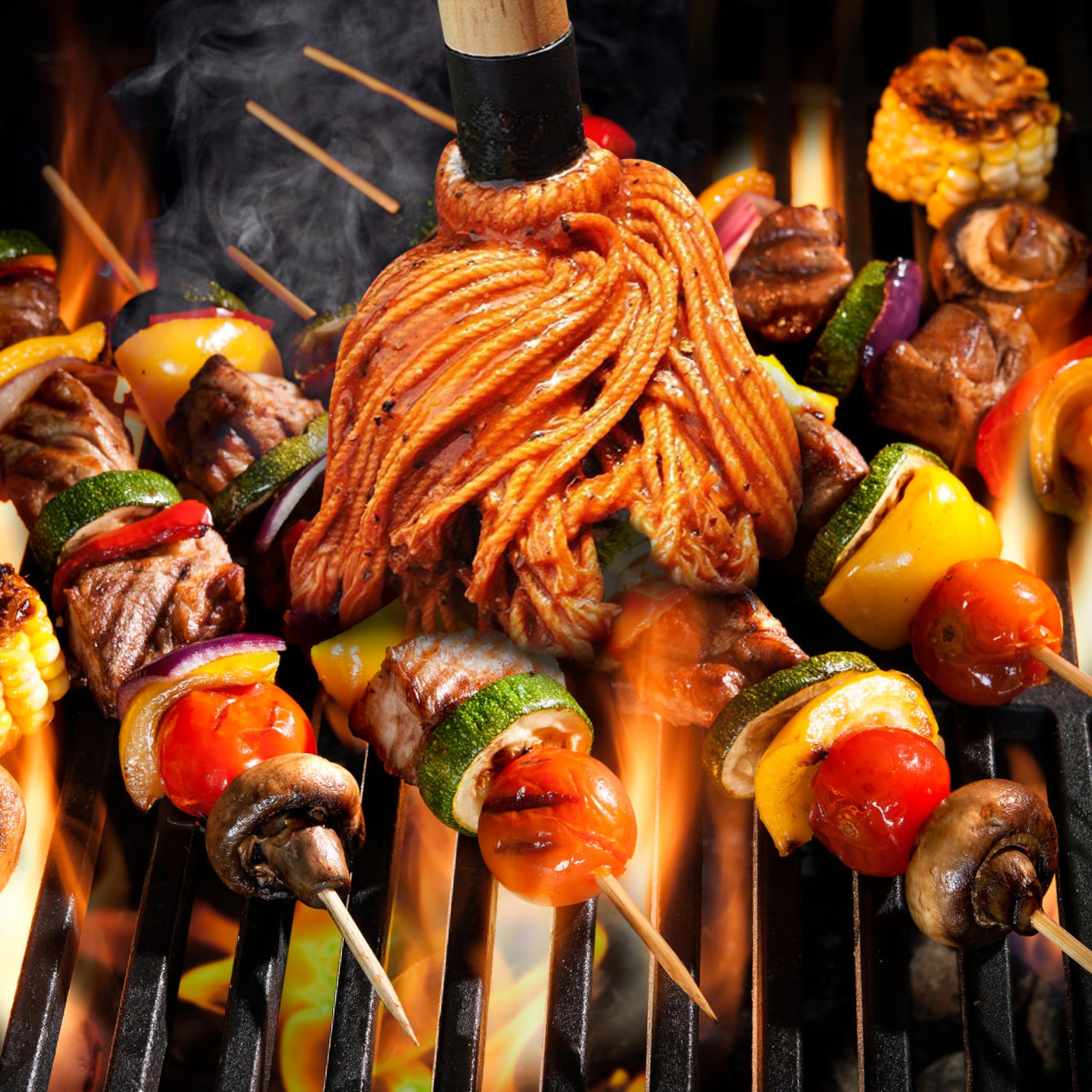 Pennelli per Barbecue Legno, Spazzole Mocio per Salsa Barbecue Marinate con Manico in Legno, Pennelli Cucina Testa in Cotone Lavabile con 4 Testine di Ricambio, per Arrostire e Grigliare