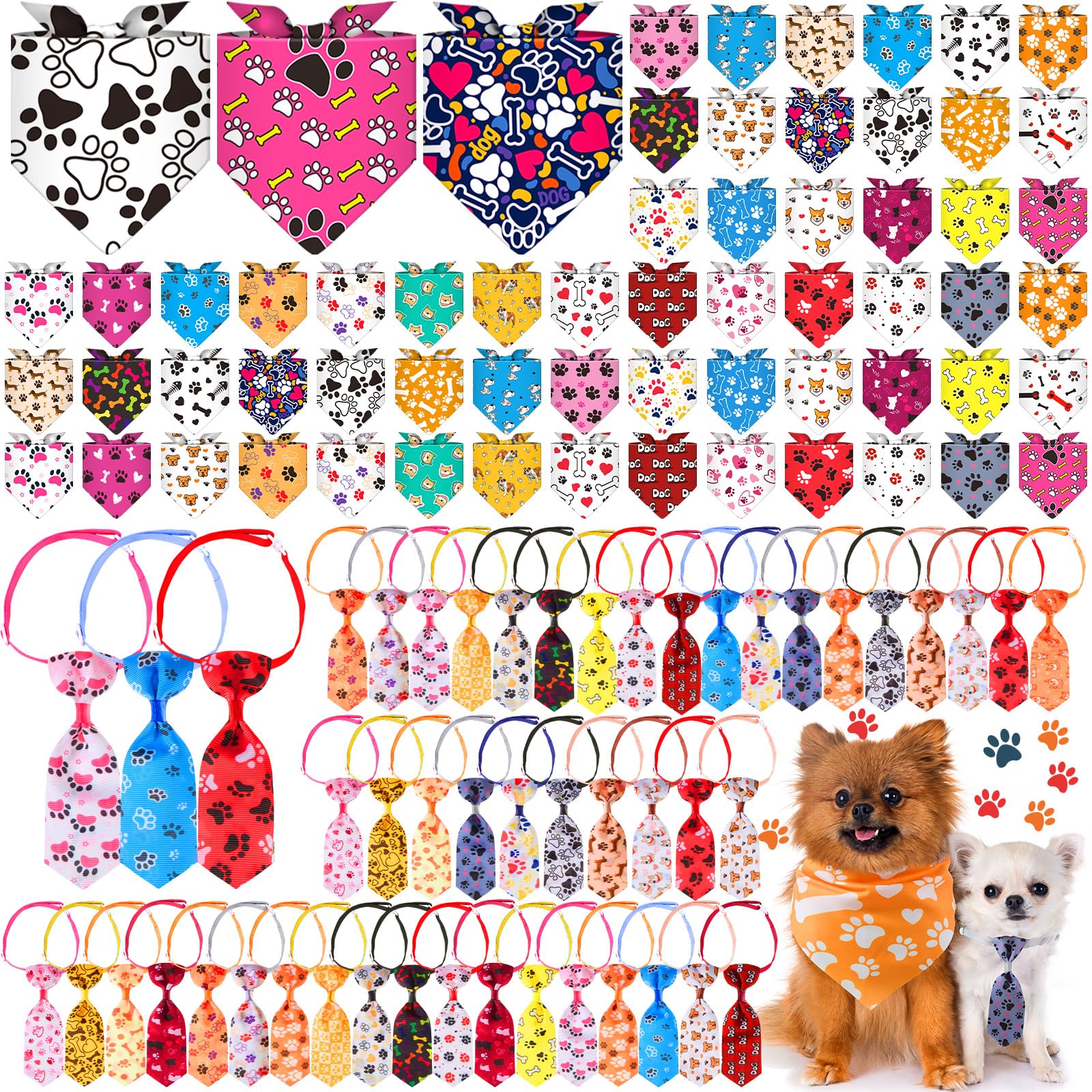 Reginary 108 Pcs Dog Bandanas and Neck Ties Set Bulk Adjustable Pet Scarfs with Bone and Paw Print for Small Dogs and Cats Summer Washable Puppy