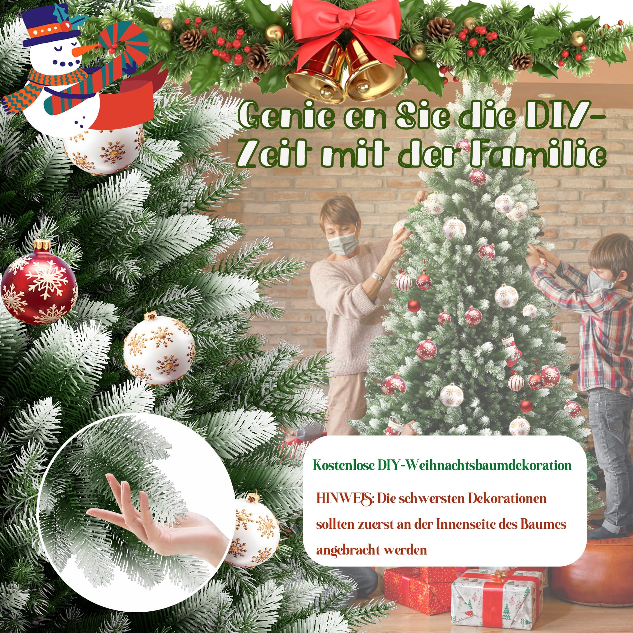 XMTECH Künstlicher Weihnachtsbaum PVC 150 cm, Holzfuß, Schneeoptik zu Hause