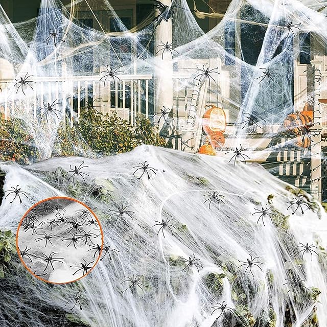SULOLI Halloween Spider Web Decoration,200g Spider Web Halloween Decoration with 50pcs Fake Spiders Stretchable Halloween Cobwebs Decorations