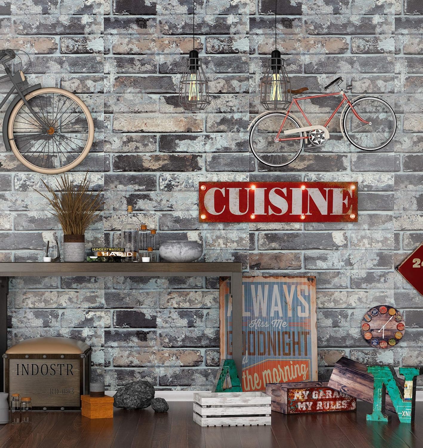 Livelynine 15.8X197 Inch Grey Brick Wallpaper Peel and Stick Wall Paper Roll for Living Room Wall Peel and Stick Backsplash Wallpaper for Kitchen Bathroom Wall Paper Decorations Bedroom Waterproof