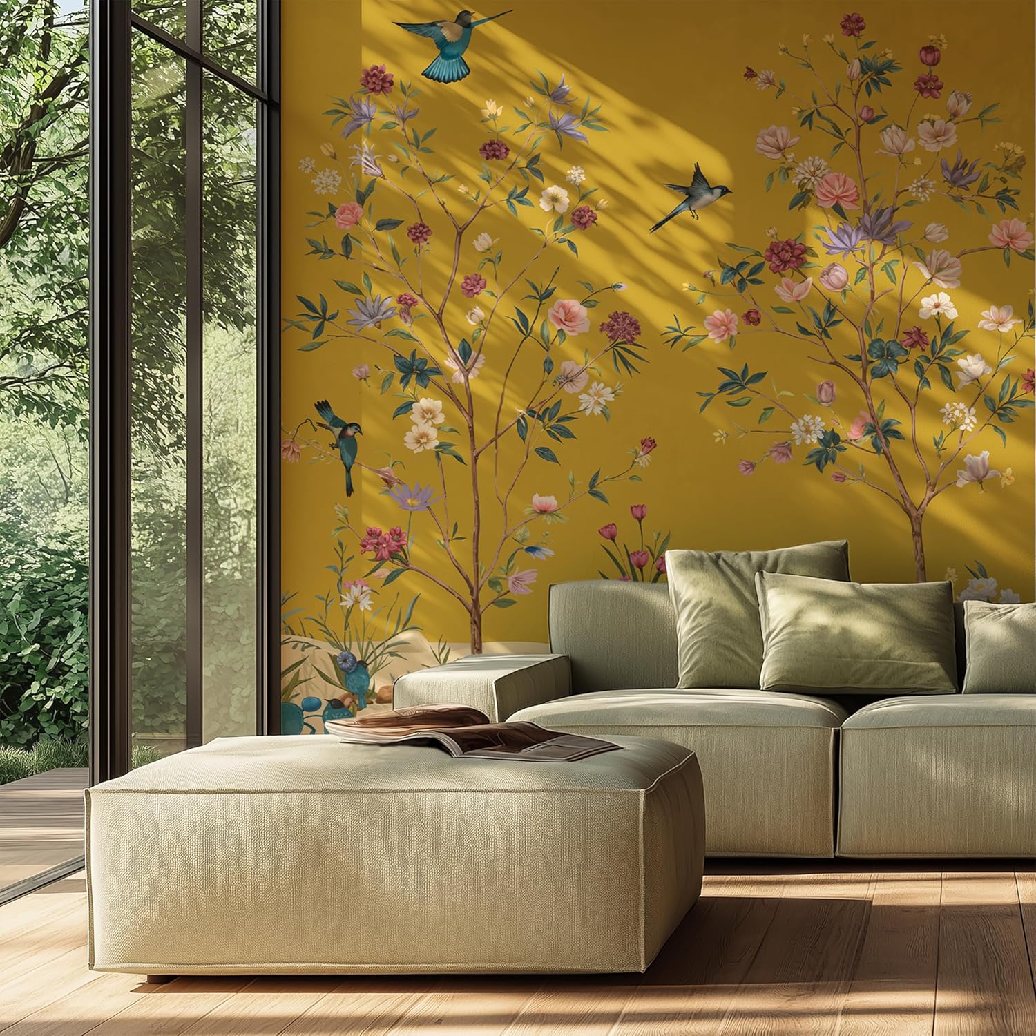 Self-Adhesive Peel and Stick Wall Mural | Floral & Bird Design with Tropical Green Background | Removable Canvas Wallpaper for Living Room, Bedroom, Office (C, W114'' x H83'')