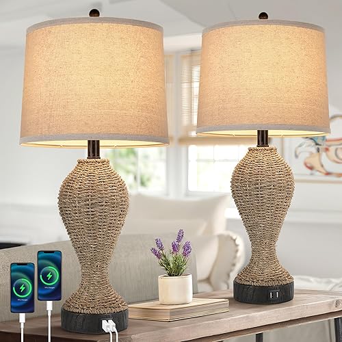Juego de 2 lámparas de mimbre de 27 pulgadas con interruptor giratorio, 2 puertos USB, lámpara de mesa de noche de mimbre para mesita de noche de