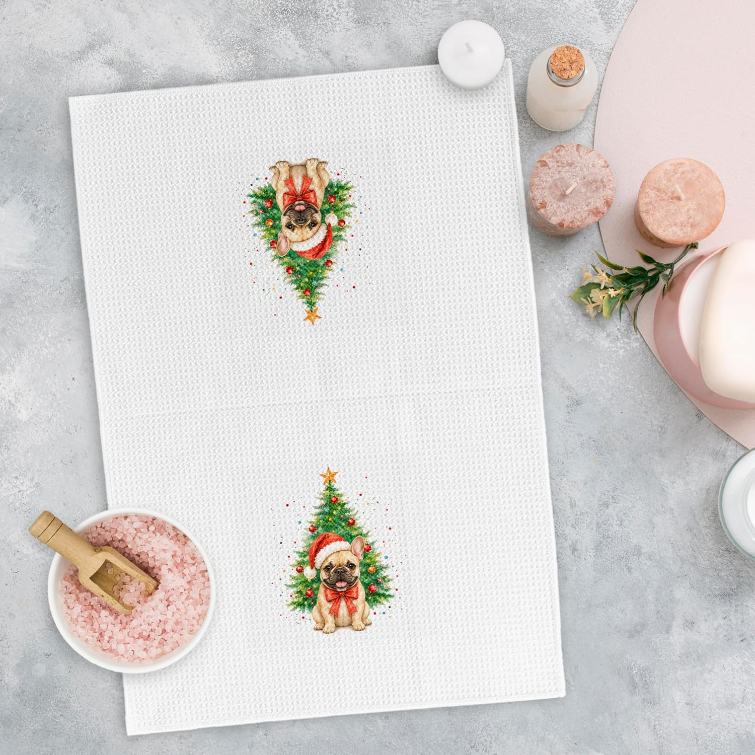 Funny Christmas French Bulldog Kitchen Dish Towels, French Bulldog Gifts for Women Men, Dog Mom Dad Lover Gifts, Winter Xmas Tree Dog Hand Towels for Bathroom Kitchen Decor, 16x24 Inches image 2