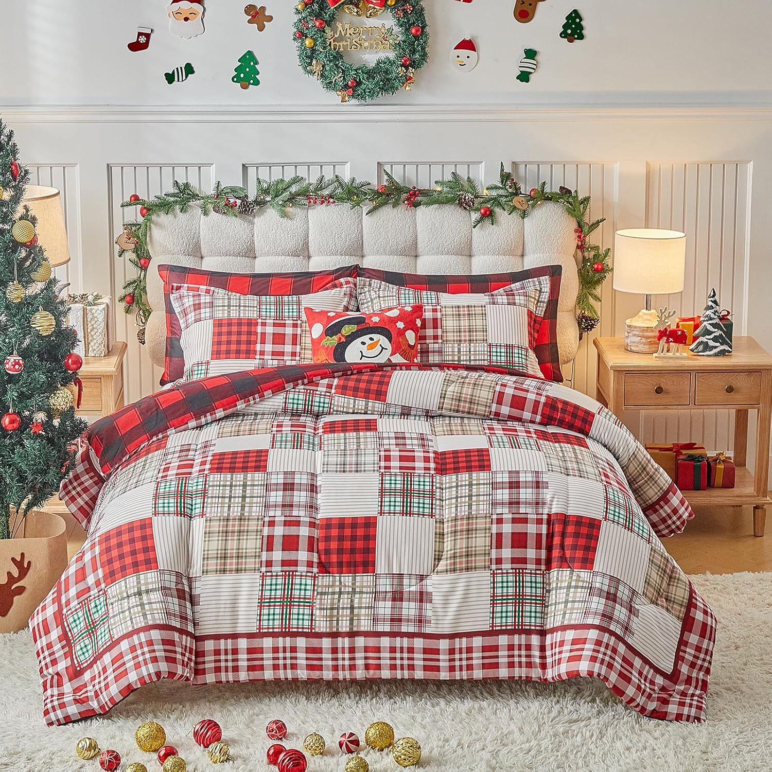 Christmas Patchwork Comforter Set Queen Size 3 Pieces Holiday Bedding Set Red Green Cream Colorful Plaid Print Reversible Red Black Plaid Gingham Xmas Style Soft Microfiber Bedding Set for New Year