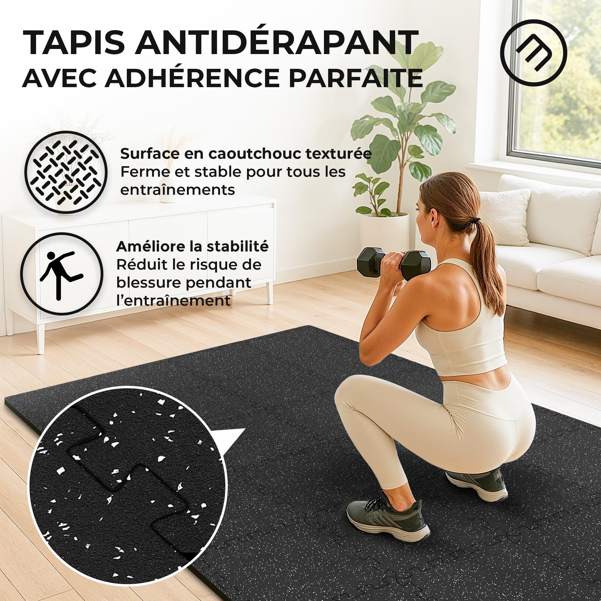 bemaxx Tapis de Sport - 18 Dalles en Mousse + Caoutchouc + Bordures | Tapis de Sol Matelas Puzzle pour Fitness Gym Musculation Salle de Sport Garage | Isolation Contre Coups, Bruits, Éraflures