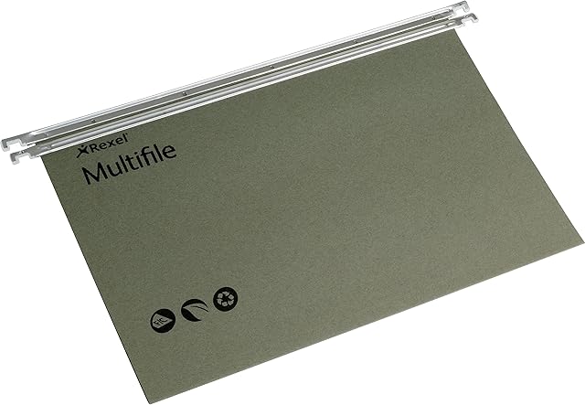Rexel Foolscap Suspension Files with Tabs and Inserts for Filing Cabinets,, 15 mm V-base, 100 Percent Recycled Manilla, Green, Multifile, Pack of 50, 78008