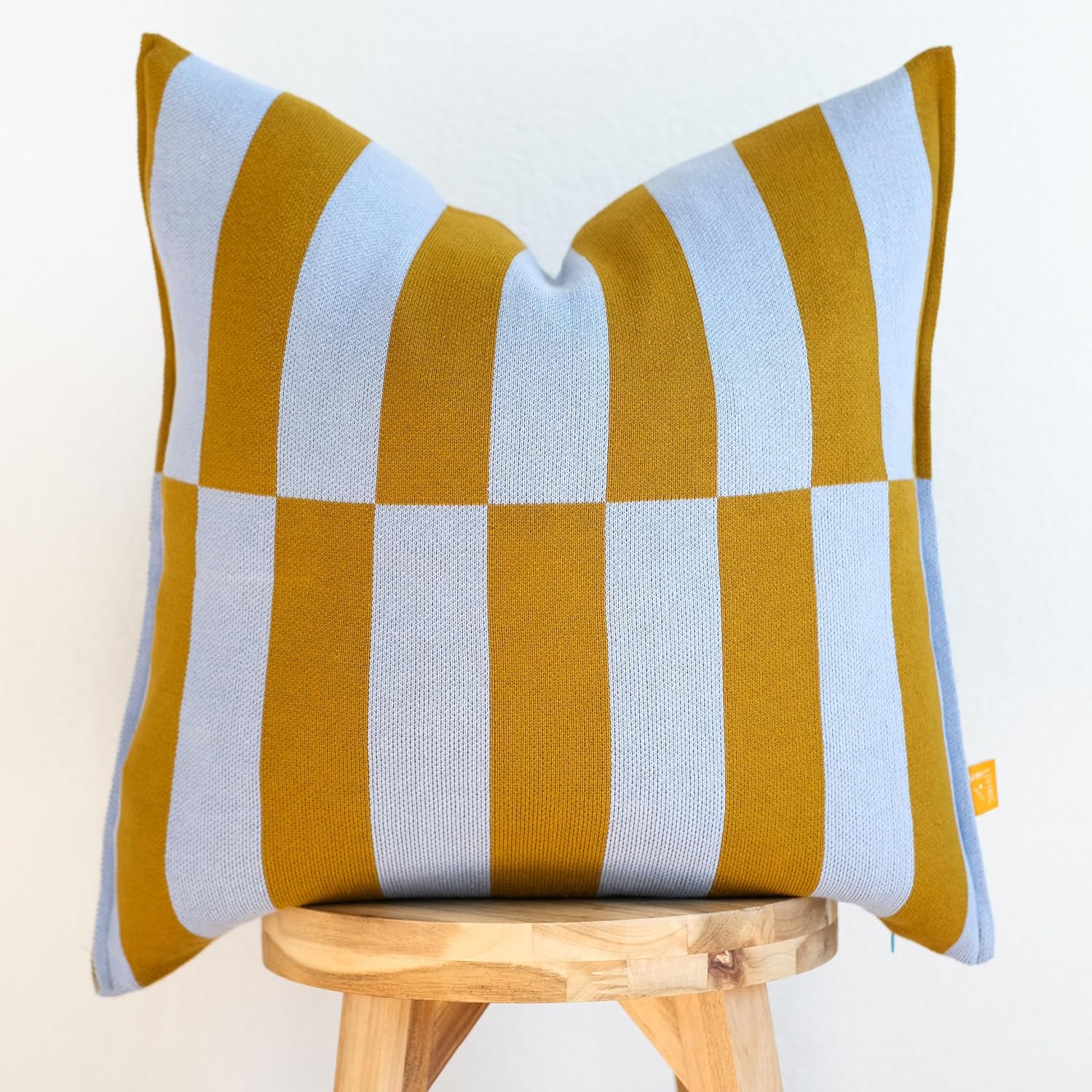 100% Soft Cotton Geometrics Contrasting Throw Pillow Cover (Stripes Mustard&Light Blue)