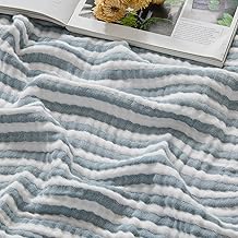 EMME Muslin Blanket Adult 100% Cotton Blanket 150 x 200 cm, Sofa Blankets Breathable Soft Blanket All Seasons Prewashed Couch Blankets Cotton Bedspread, Striped Teal