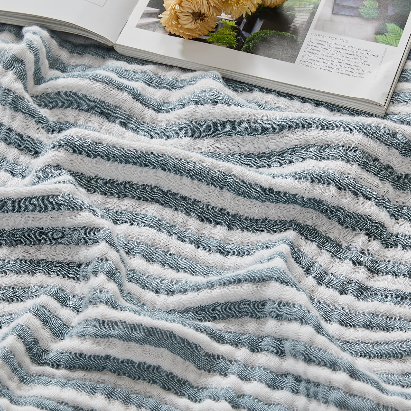 EMME Cotton Muslin Large Throw Blanket Couch Breathable Gauze Soft Lightweight Bed Blankets Adults (Striped Teal,228x 228) โ image 1