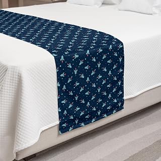 Lunarable Rockets Bed Runner, Outer Space Theme Doodle in Galaxy Cosmos Spaceship Shuttle Boys Cartoon, Decorative Accent Bedding Scarf for Hotels Homes and Guestrooms, Night Blue Coral