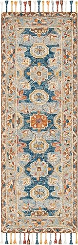 Miniatura 3 de SAFAVIEH Aspen Collection - Alfombra de pasillo, 2 pies 3 pulgadas x 7 pies, gris y azul marino, hecha a mano, lana trenzada con borlas, ideal para