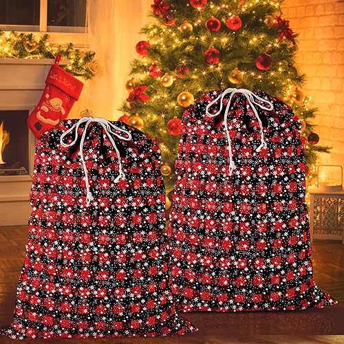 Bolsas de regalo de Navidad jumbo de 35 x 55 pulgadas, 2 bolsas de algodón de Papá Noel, bolsas de regalo de Navidad a cuadros de búfalo con cordón,