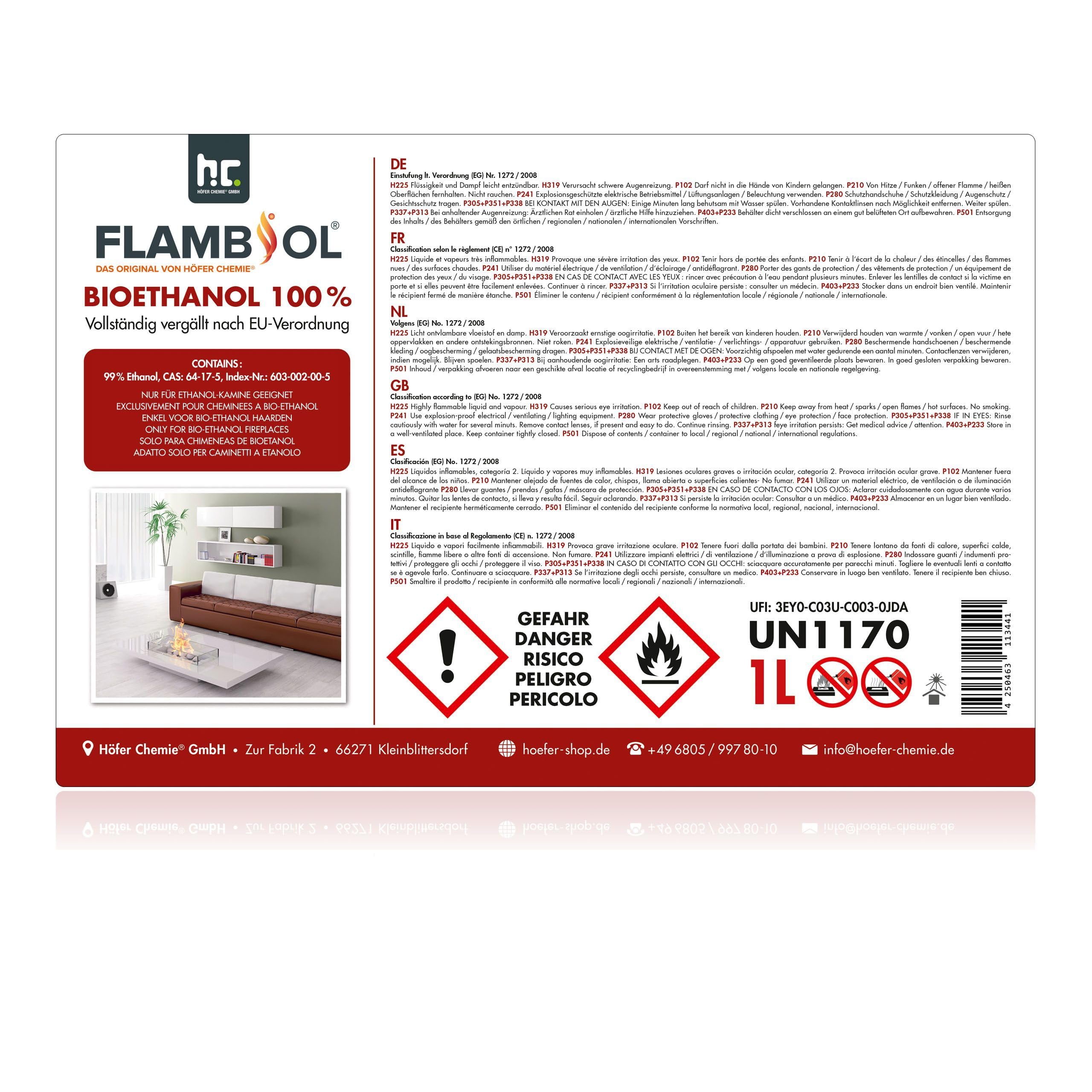 Höfer Chemie FLAMBIOL® Bioéthanol 30 x 1 L Ultra Pur 100% - Combustible Écologique pour Cheminées de Table et Poêles en Acier Inoxydable, Combustion Propre et Inodore - 5