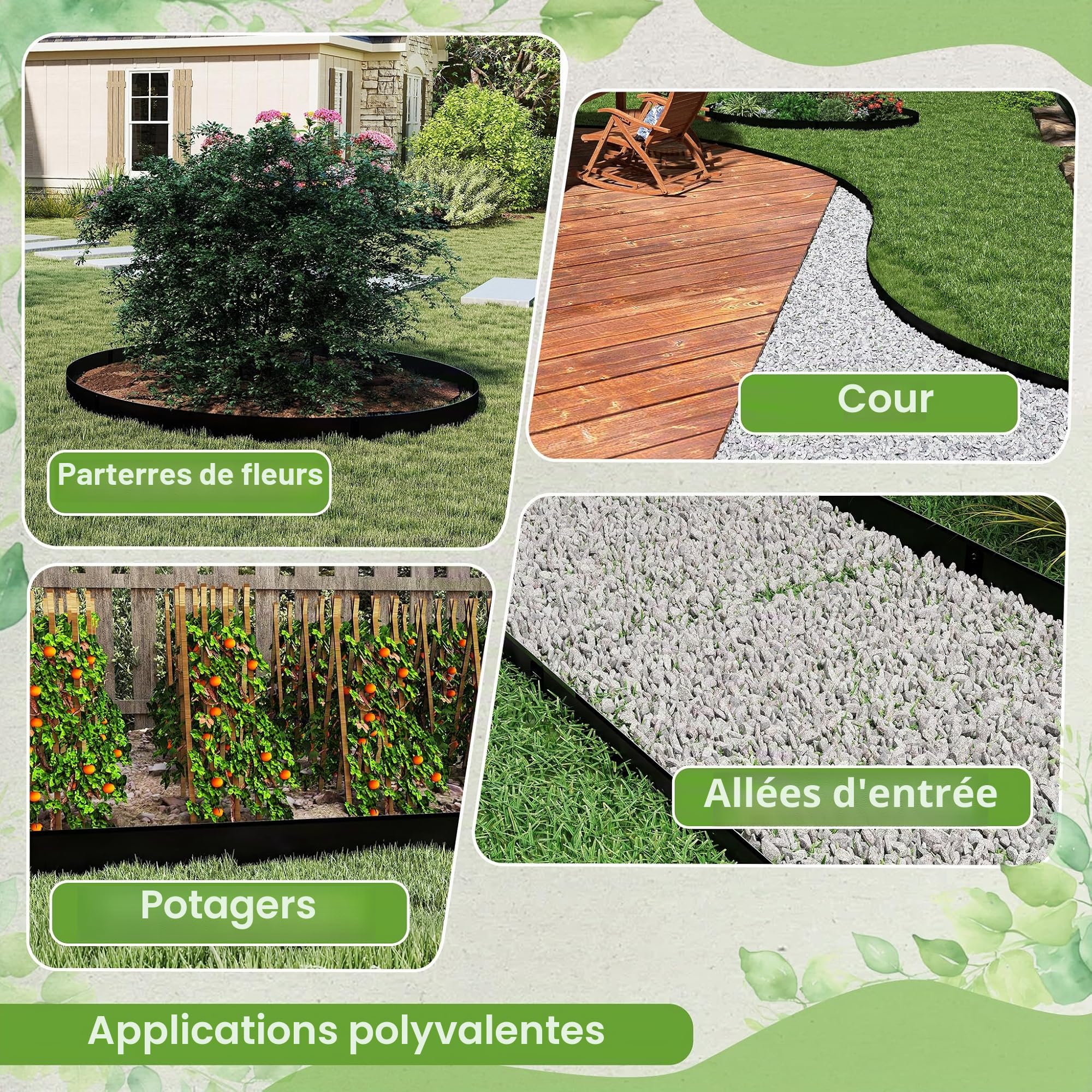 ACXIN Bordure de pelouse flexible en métal, lot de 5 pièces 100 x 10 cm, bordure de massif galvanisée avec 25 clous de fixation, bordure de jardin pour cour, jardin, ferme, couleur noire