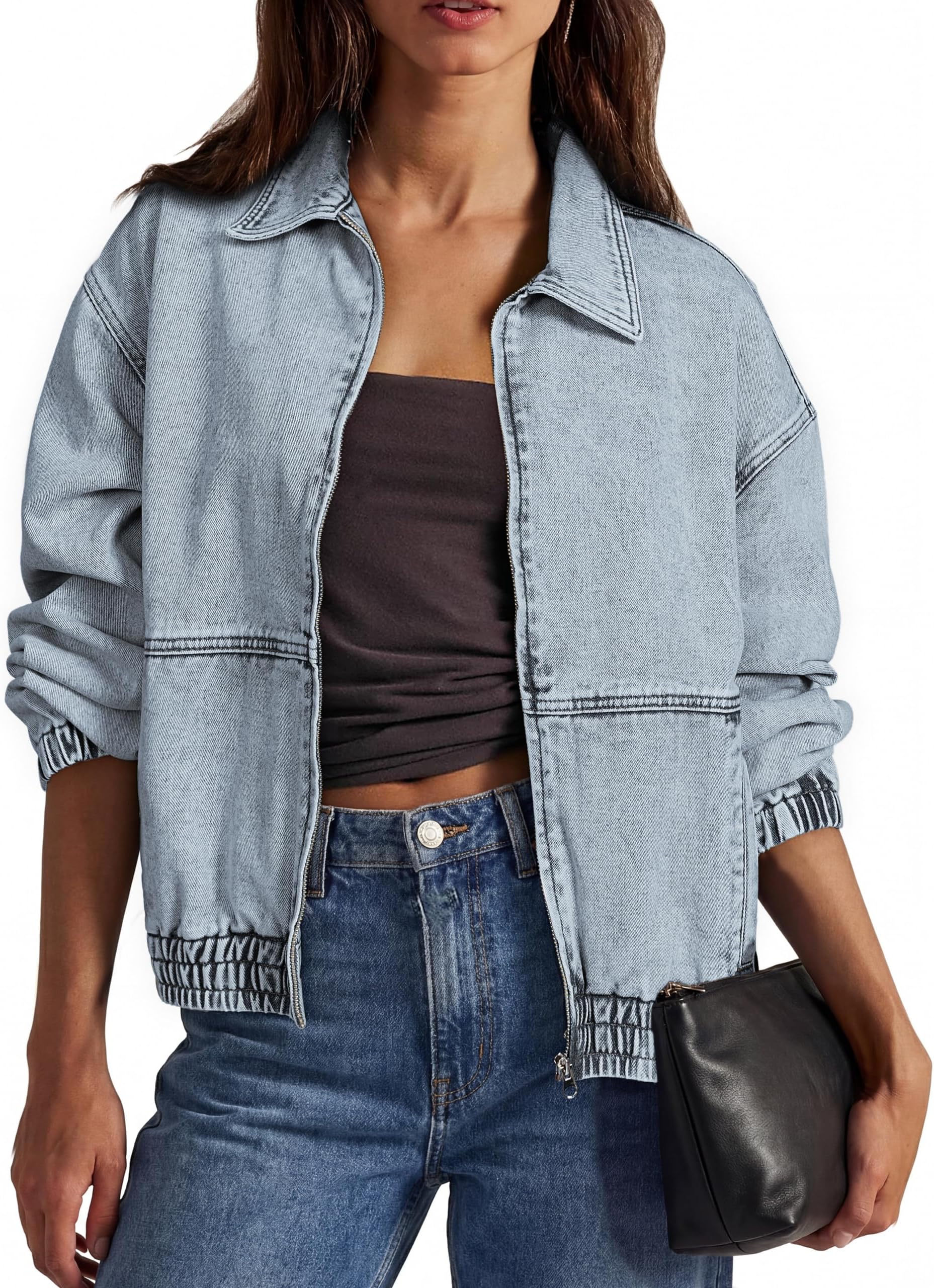 Womens Oversized Denim Jacket Trendy Casual Zip Up Long Sleeve Loose Fit Jean Jackets Outfits Outerwear