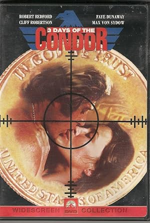 3 Days of the Condor movie poster depicting a man and woman kissing on top of a coin in the crosshairs of a gun.