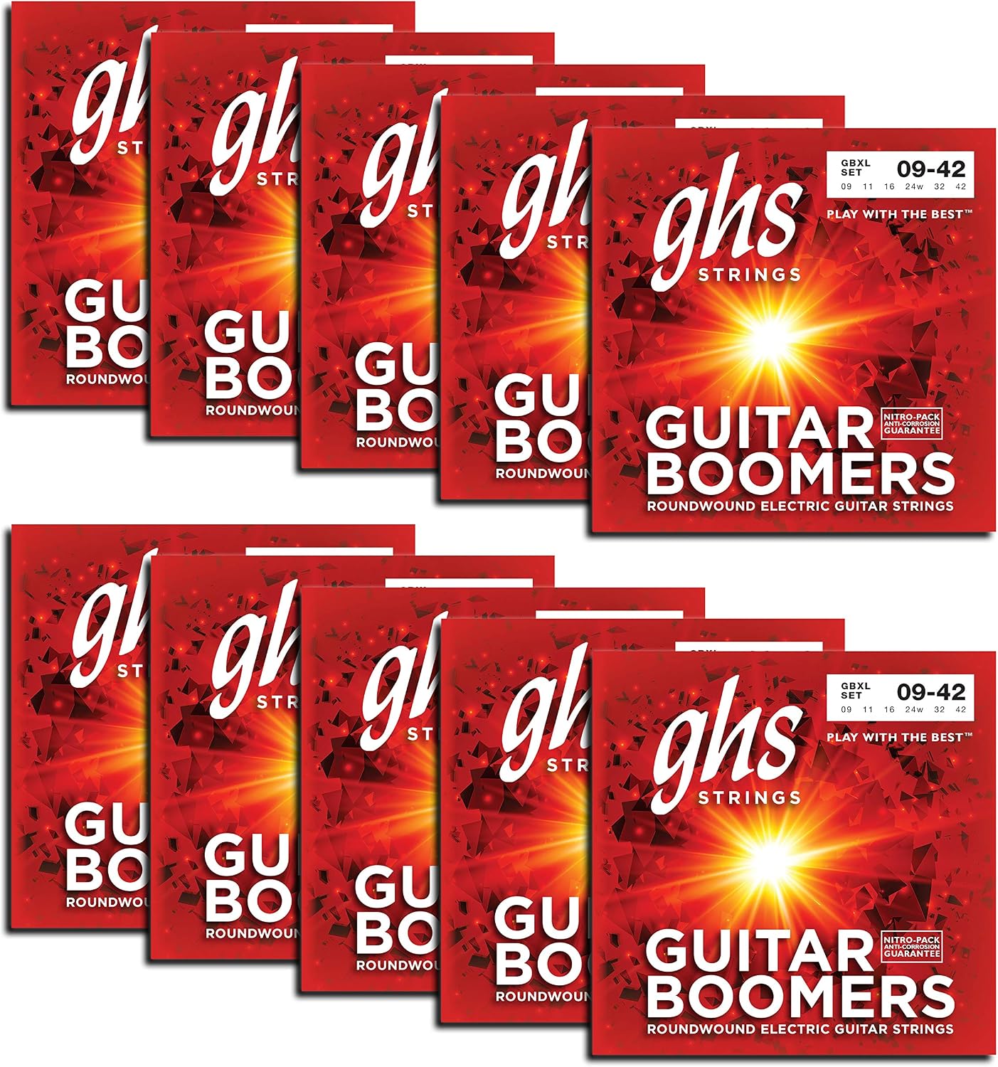 GHS Strings Boomers - GBXL-10 Set (GBXL) Nickel Plated Electric Guitar Strings - Extra Light (009-042) - 10 sets