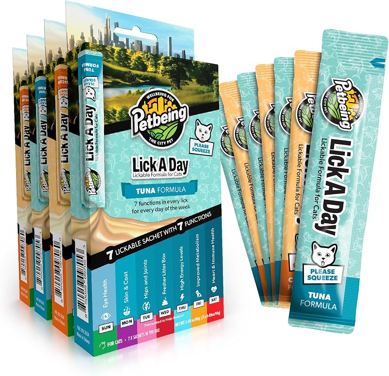 PETBEING Lick a Day para Gatos, Purê L líquido de Frango e Atum com Vitaminas, 28 Sachês