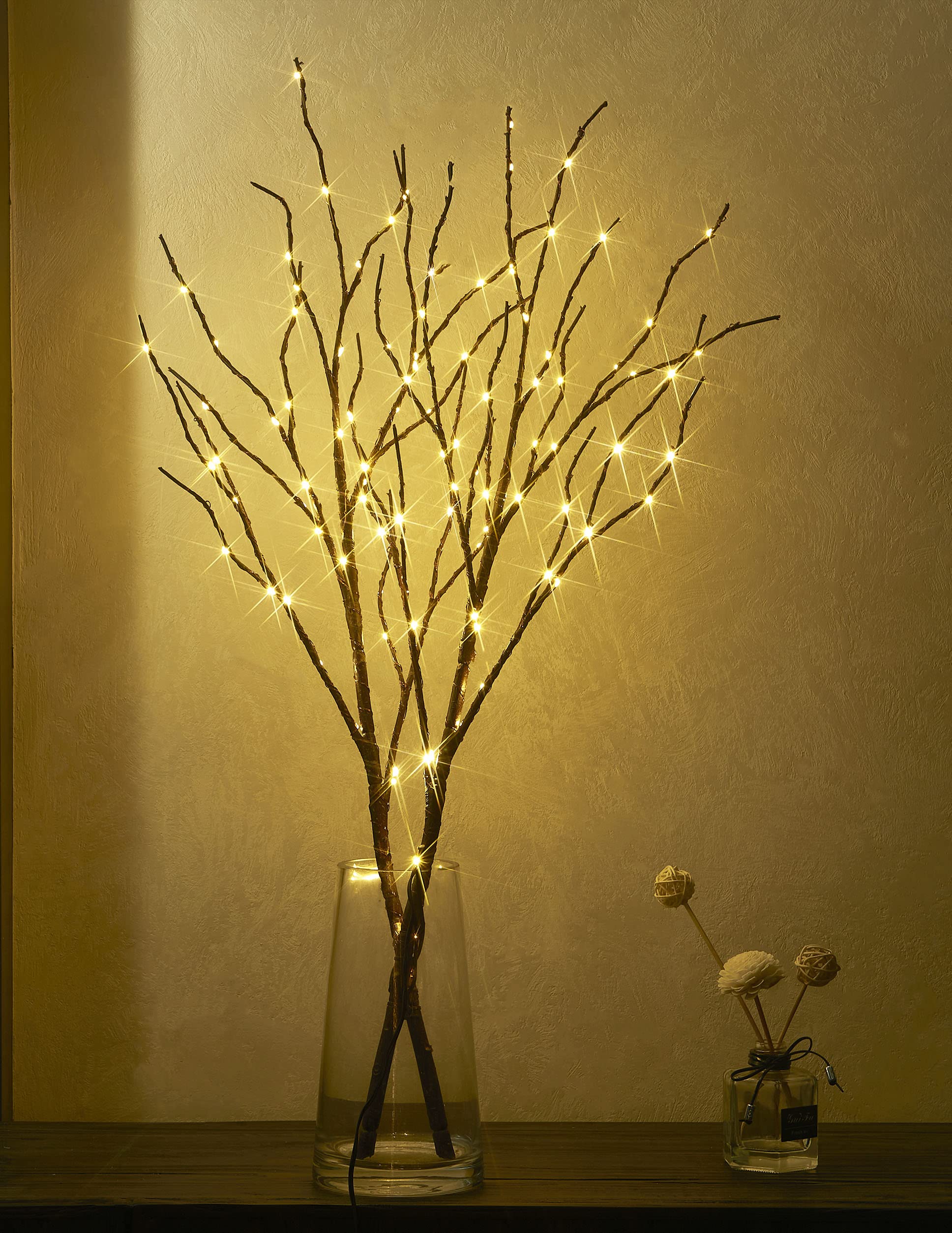 Hairui Lighted Brown Branch Battery Operated with Timer 32IN 100 LED Fairy Lights, Willow Branch Lights for Spring Christmas Holiday Decoration Indoor Outdoor Use (Vase Excluded)