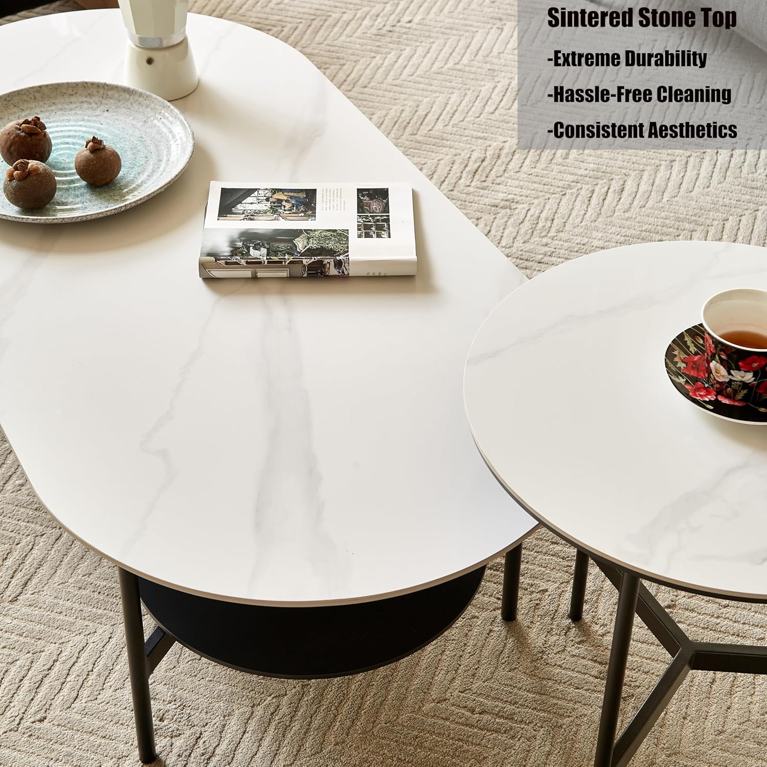 Oval Marble Coffee Table 47.2" Modern Living Room Center Table with Sintered Stone Top,Dark Grey Wood Storage Shelf, 2-Tier Design with Sturdy Steel Frame