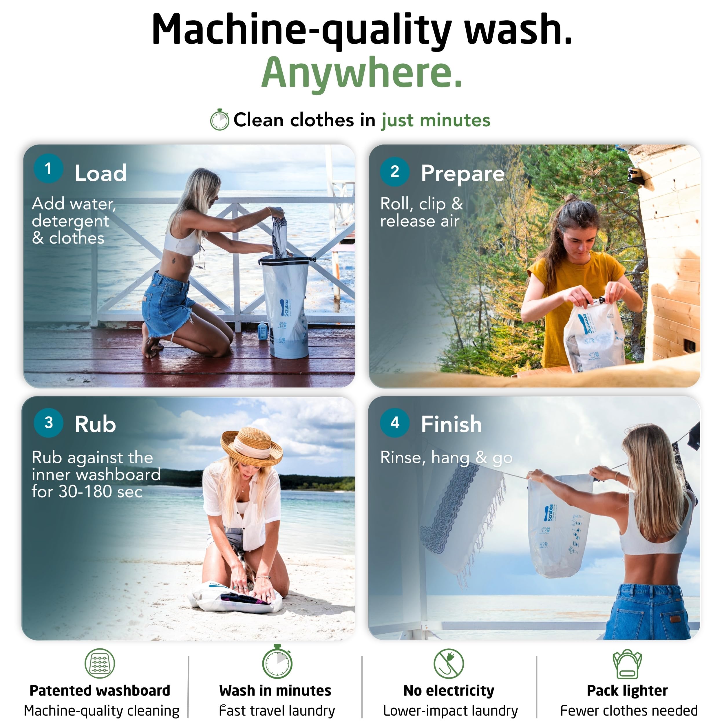 Scrubba UNTOUCHED Sac de Lavage – Machine à laver portable écologique – Légère & manuelle – Idéal pour voyages, camping & vêtements bébé – Utiliser avec lessive ou savon – 150g
