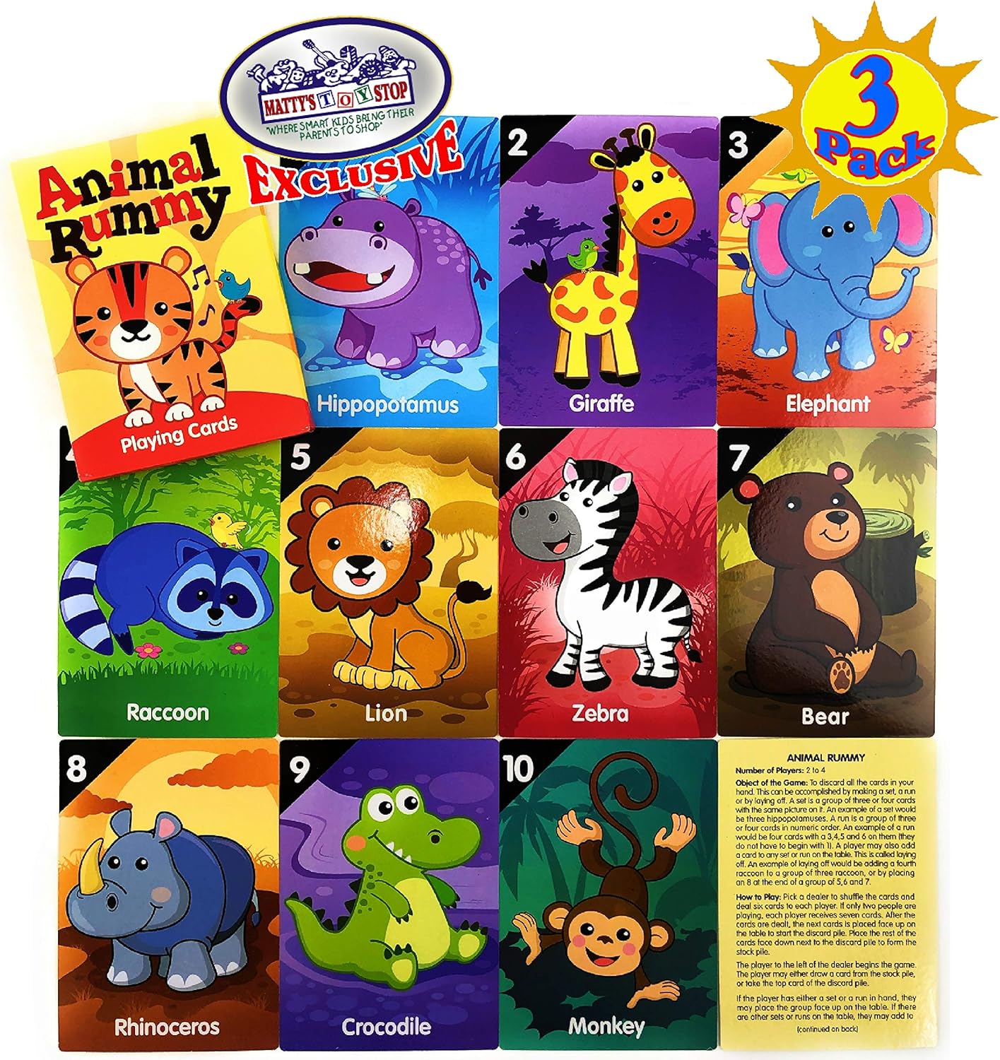 Matty's Toy Stop Deluxe Jumbo Classic Playing Card Games Set (6.75" x 4.75") Featuring Go Fish, Old Maid & Animal Rummy - 3 Pack