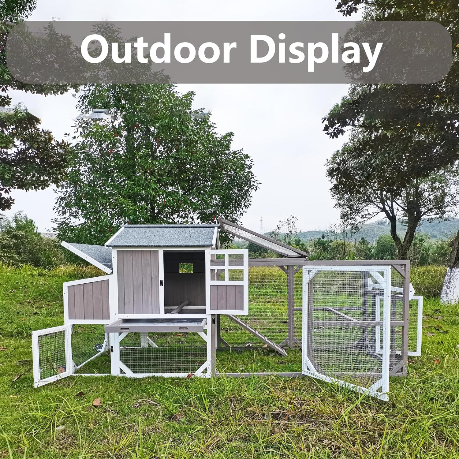 Chicken Coop Mobile Wooden Hen House with Nesting Box,191" L Outdoor Chicken House with Wheels and Removable Tray,Fir Wood Chicken Tractor with 6 Ventilation Door and Ramp-Grey(2 Sets)