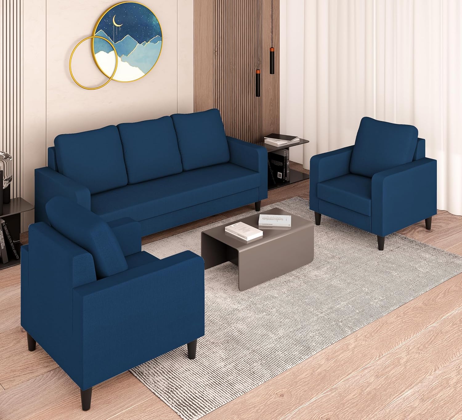 Adorn India Wood Chandler Decent 3+1+1 5 Seater Sofa Set (Blue)(3 Year Warranty) Adorn India Wood Chandler Decent 3+1+1 5 Seater Sofa Set (Blue)(3 Year Warranty)