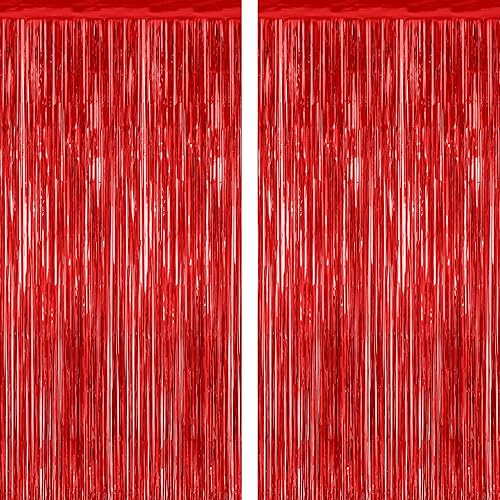 Paquete de 2 telones de fondo de oropel rojo, cortinas de flecos de 3.28 pies x 7.05 pies, decoraciones de fiesta para aniversarios de boda