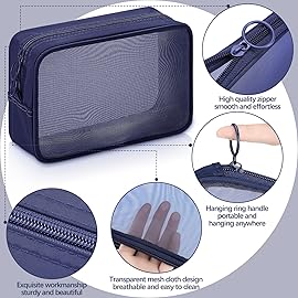 Weewooday 4 Pcs Mesh Makeup Bag Mesh Cosmetic Bag Travel Toiletry Pouch with Zipper Mini Makeup Cosmetic Purse for Daily Accessory(Small, Large, Medium,Navy Blue)