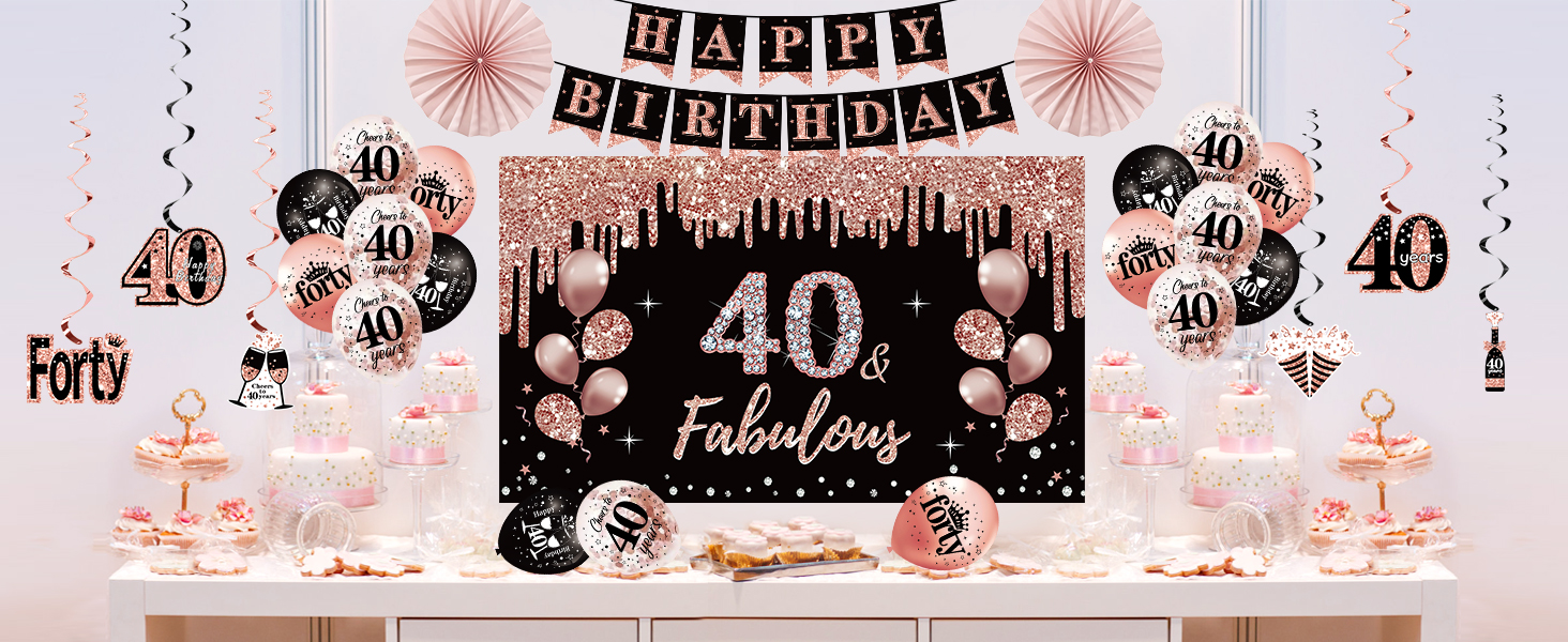 40. Geburtstag Deko-Set Für Frauen – In Schwarz & Rosegold, Mit Banner, Pompons & Girlanden