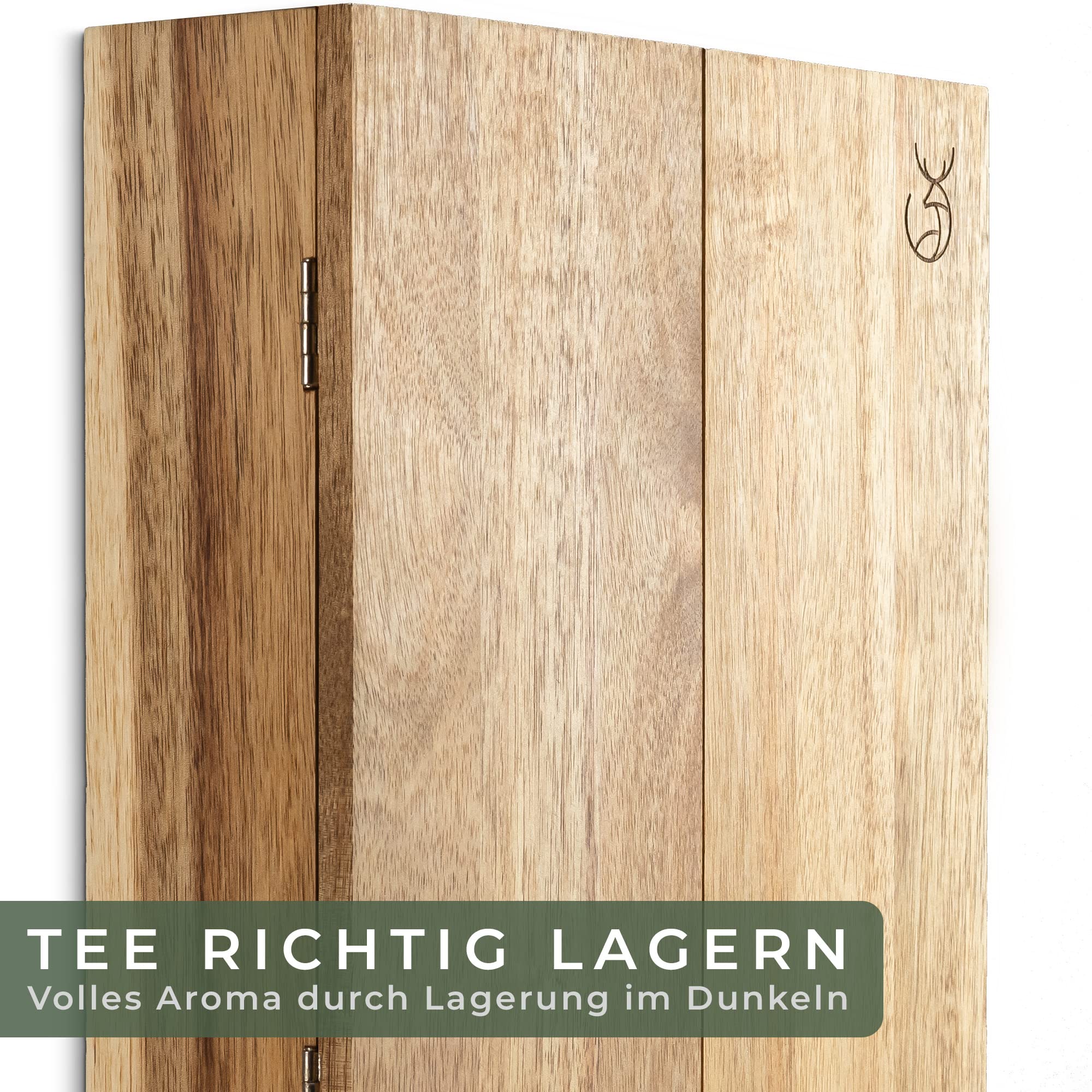 WALDWERK Design Teebox (9 Fächer) - Tee Aufbewahrung aus robustem Akazienholz - Plastikfreie Teebeutel Aufbewahrungsbox - Teebox groß mit Zubehör für Wandmontage