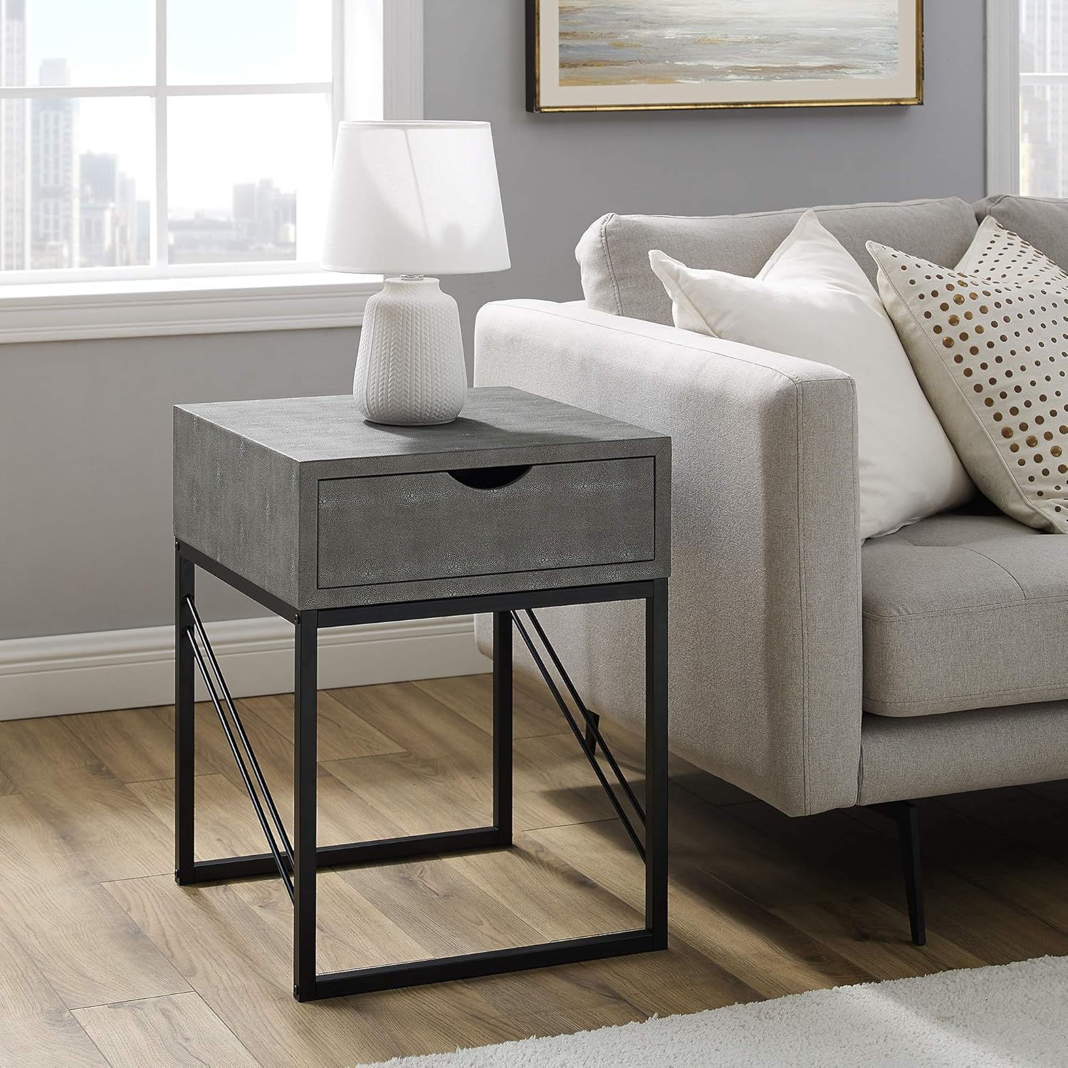 Walker Edison Iver Faux Shagreen Modern Small Side End Table Living Room Bedroom Nightstand, 18 Inch, Grey